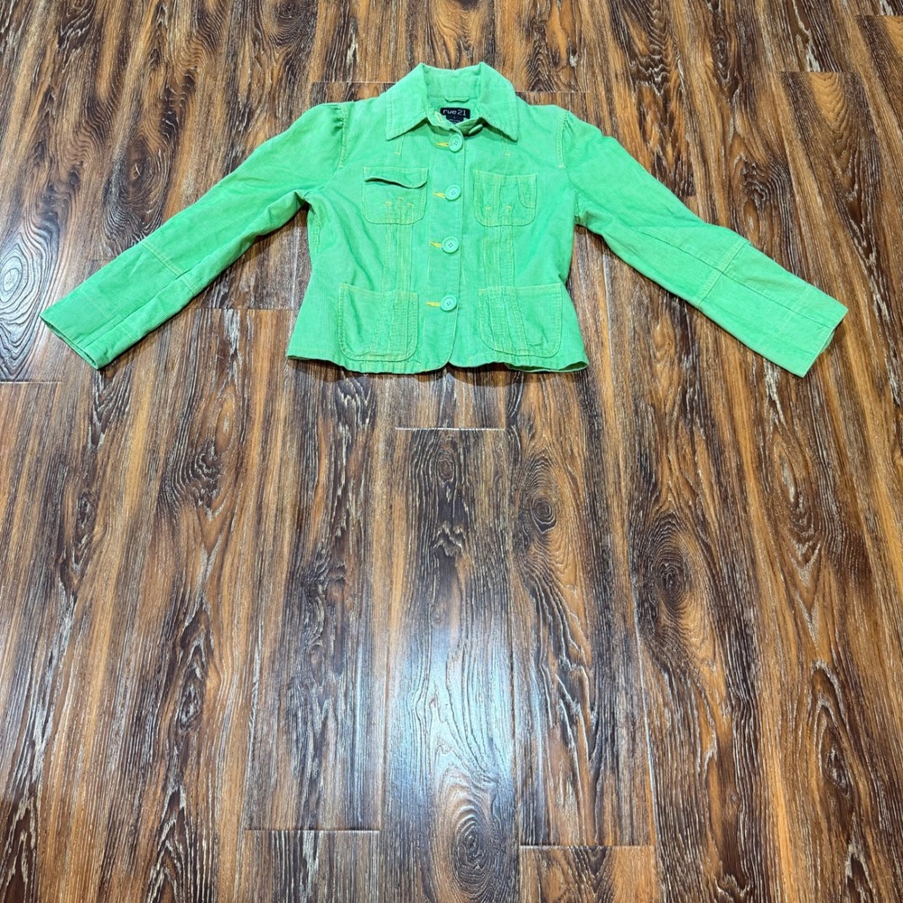 rue21 Large Corduroy Jacket Womens Green Cropped Button Up Puff Sleeve Y2K Indie